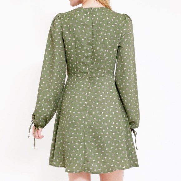 Olive Sage Green Faux Wrap Asymmetric Button Dress - Picture 4 of 8
